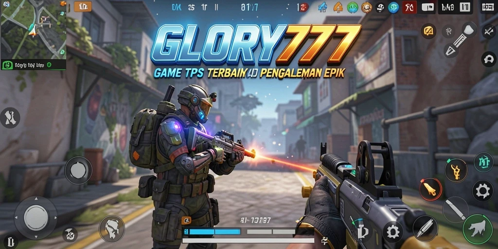 Screenshot gameplay GLORY777 menampilkan aksi seru di medan perang TPS.