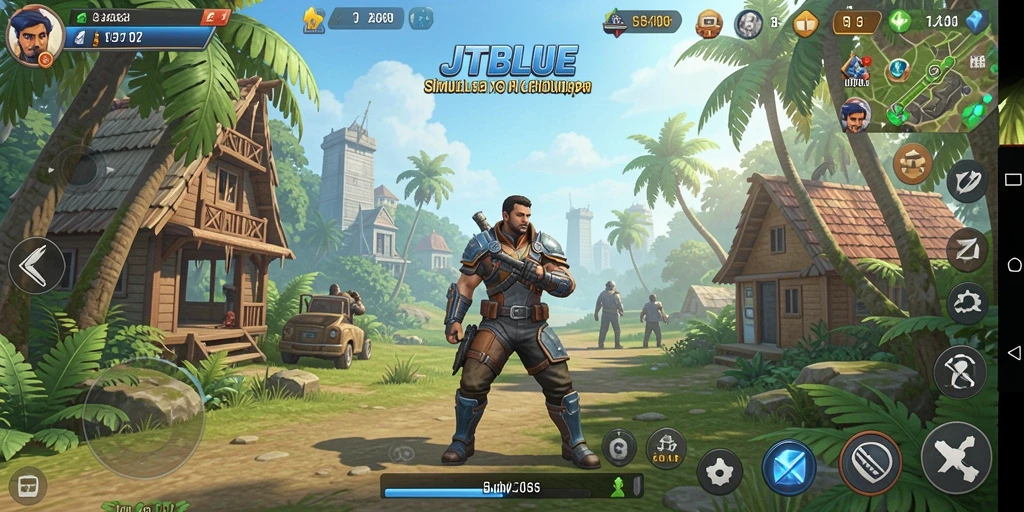 Screenshot JTBLUE menampilkan dunia simulasi yang penuh warna dan interaksi.
