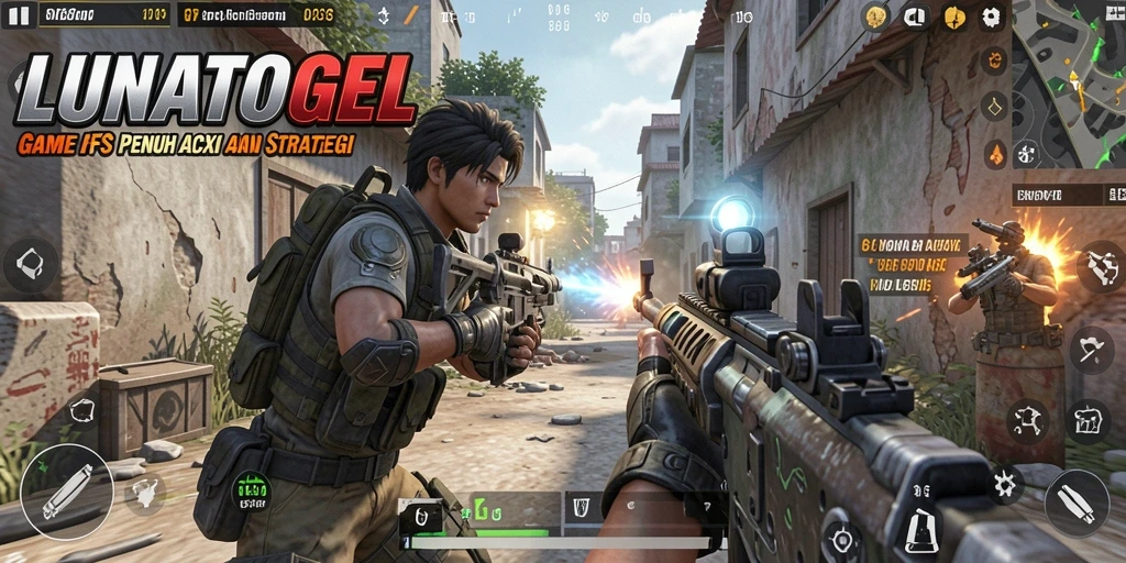 Screenshot gameplay LUNATOGEL menampilkan aksi tembak-menembak yang intens.