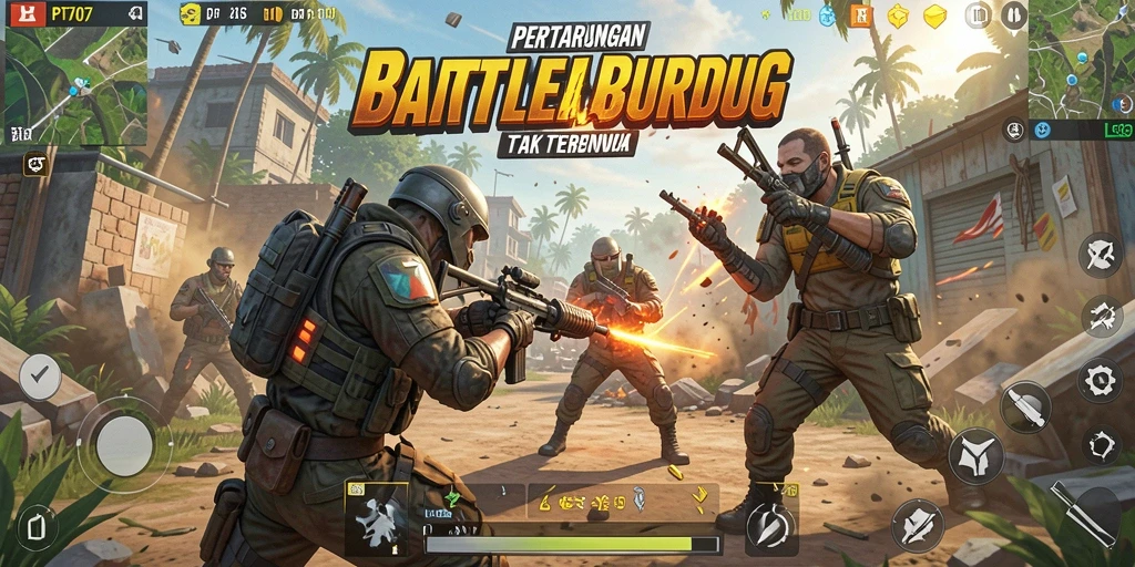 Screenshot utama menampilkan momen mendebarkan dalam pertarungan Battle Royale.