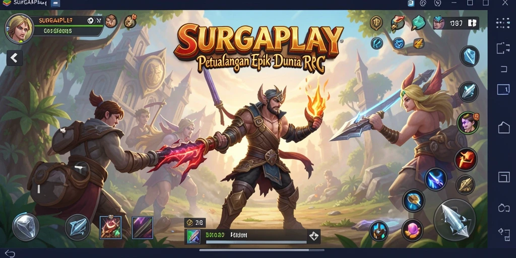 Tangkapan layar menunjukkan aksi seru dan petualangan dalam SURGAPLAY.
